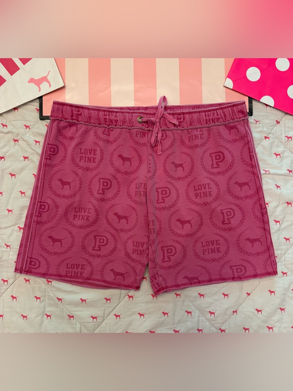 VS PINK VINTAGE Y2K BOYFRIEND SHORTS MONOGRAM LOVE PINK DOG PUP CREST LOGO HTF M
